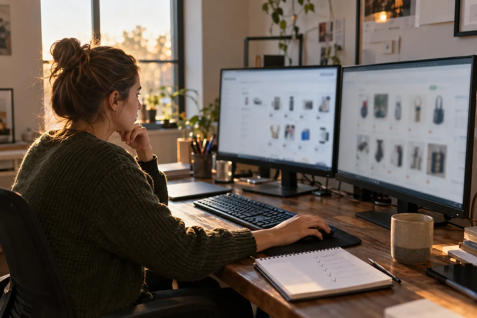Ecommerce brand manager reviewing marketplace listings on two monitors