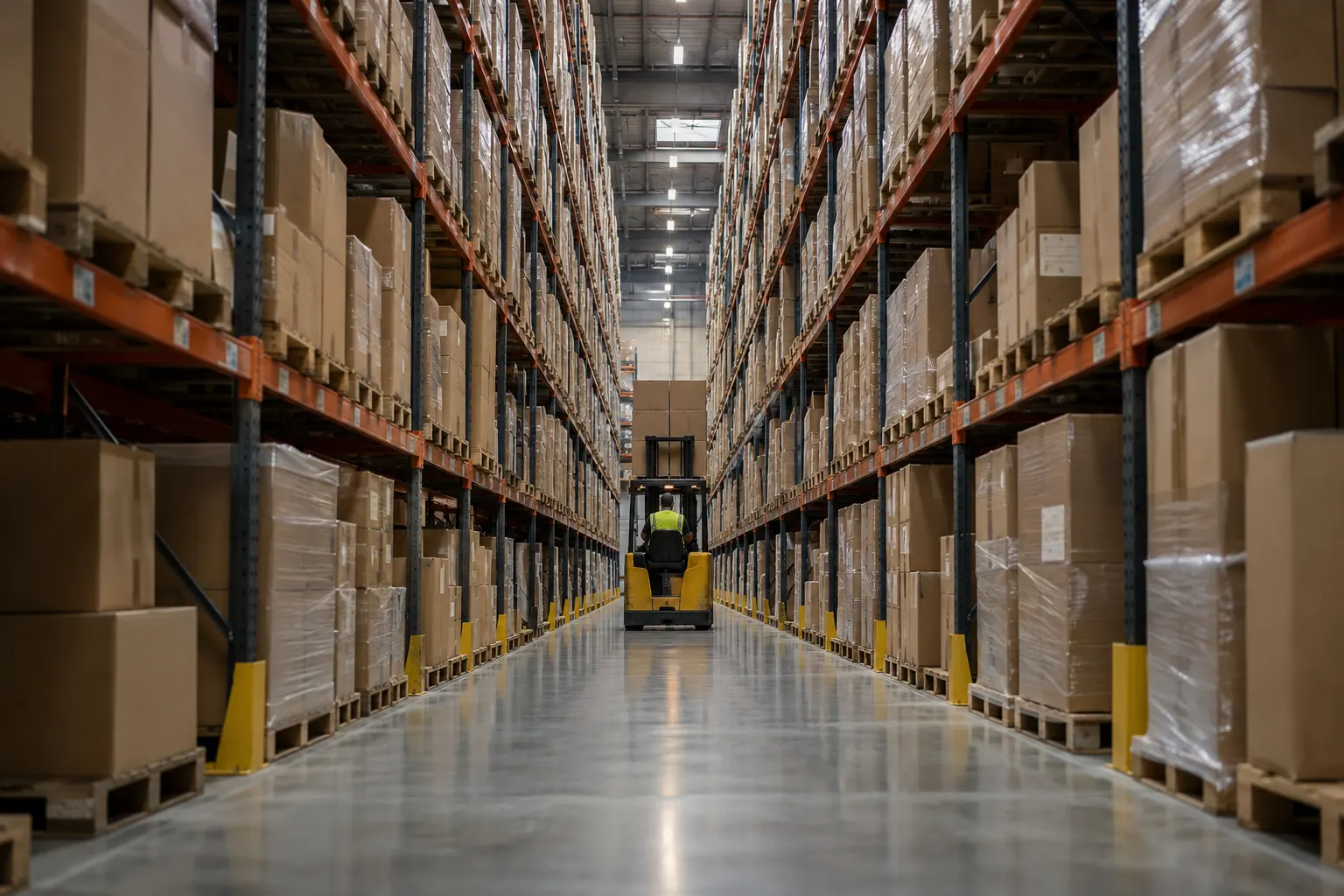 Fulfillment warehouse aisle with pallet racking full of cartons and a forklift