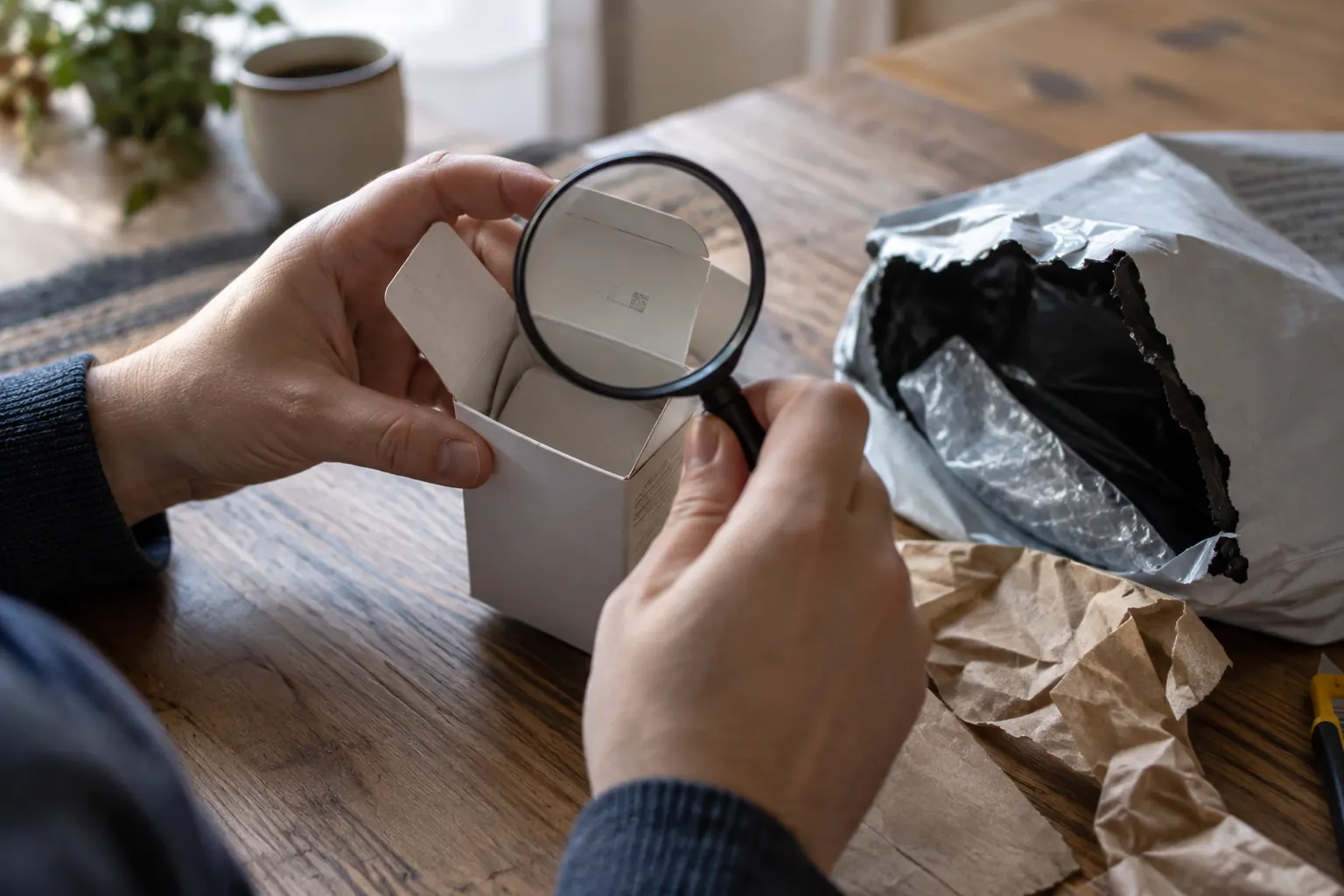 Hands inspecting the lot code on a test buy product box with a magnifying glass
