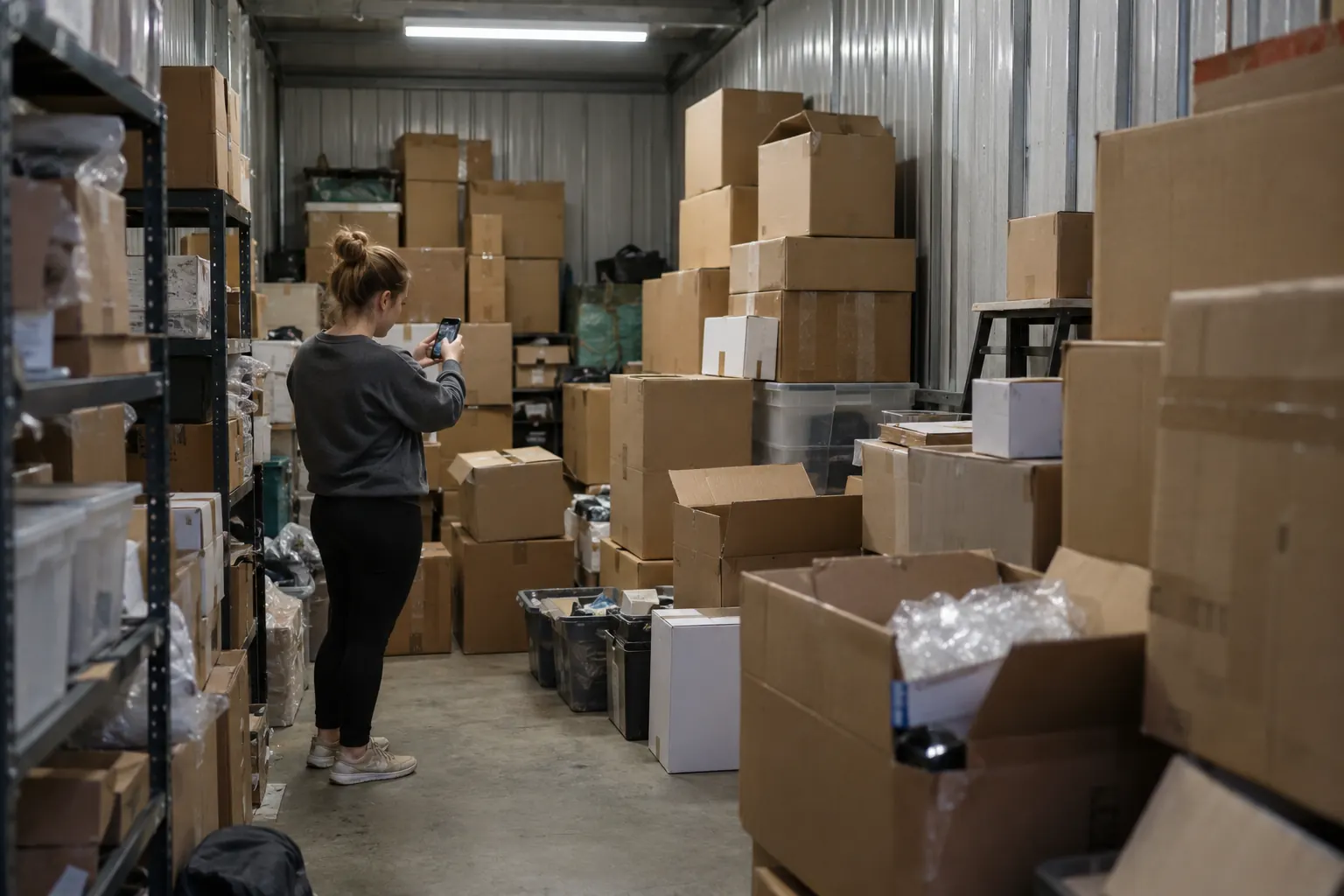 Reseller storage unit stacked with diverted product cartons being photographed